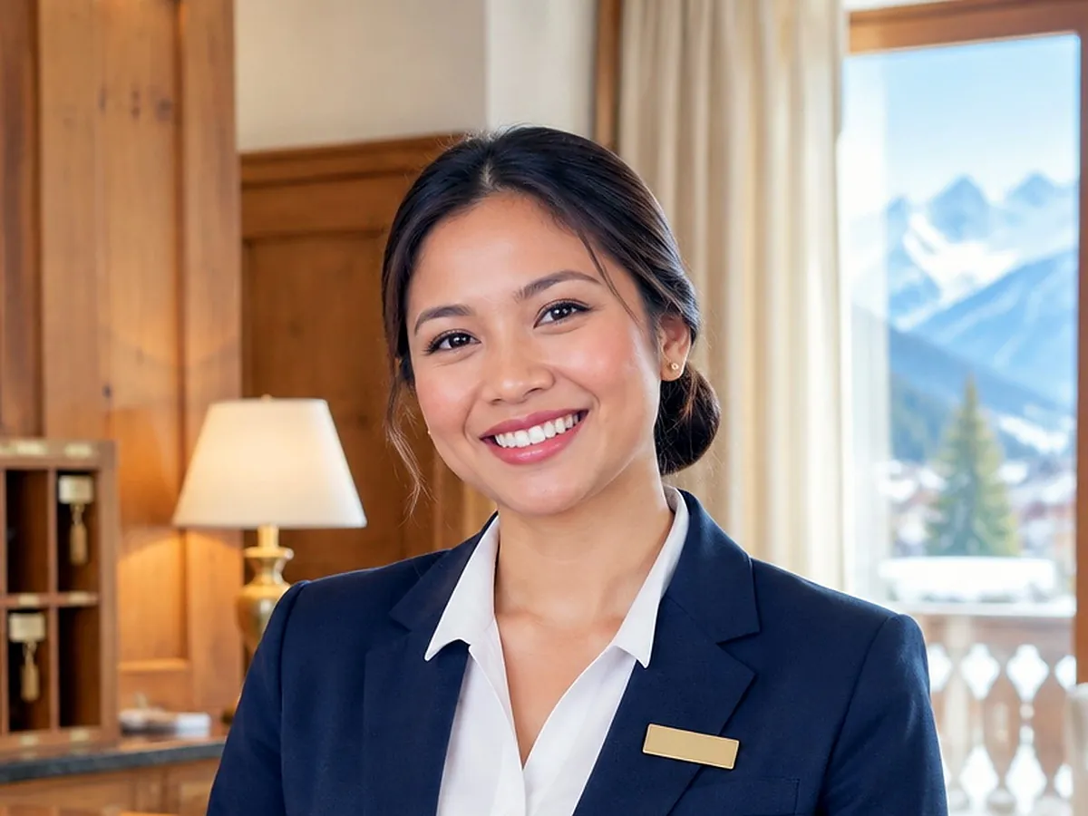 Filipino front office agent welcoming guests at a hotel reception